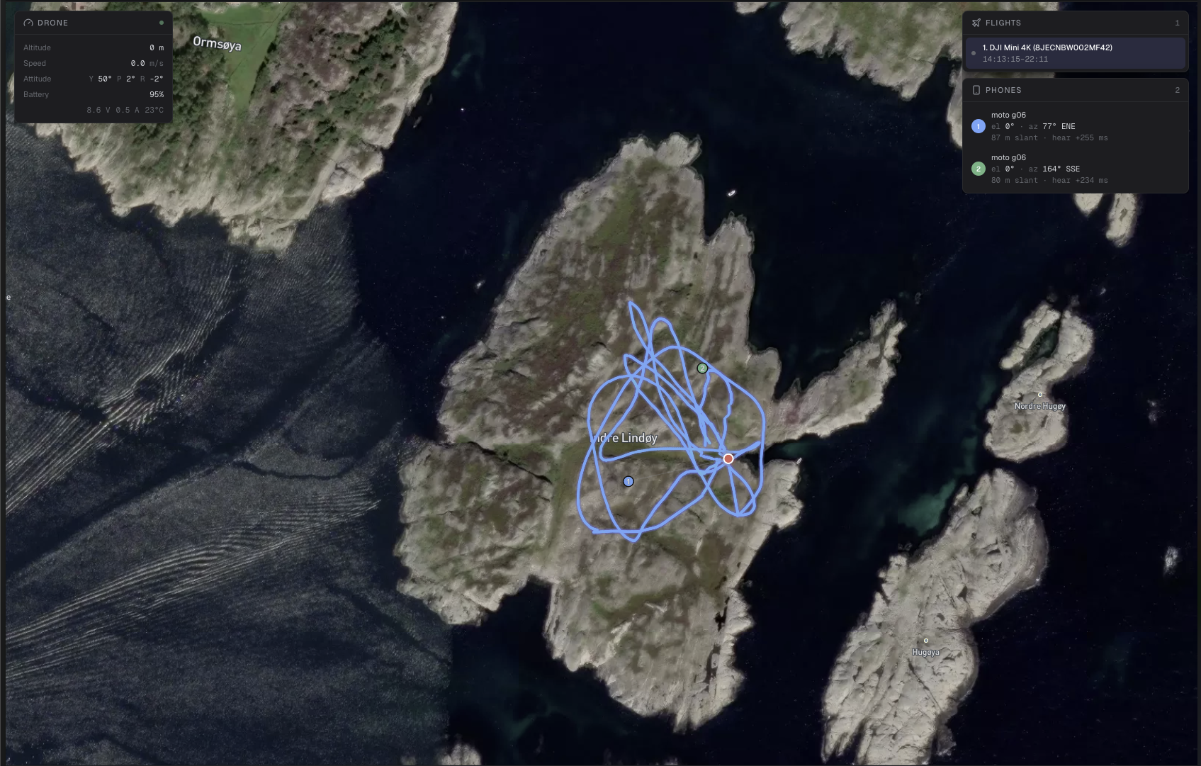 Dronespor flydd over en øy ved Kristiansand, vist på satellittbilde i Grace
